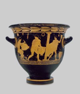 Attisk klockkrater med röd figur, dekorerad med interiören av en krukmakarverkstad, ca 430-425 f.Kr. (keramik) (för detaljer se 100557) av Komaris Painter