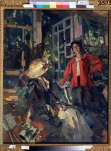 Vid fönstret. Två unga kvinnor, den ena mycket leende, den andra vände sig om mycket elegant, framför ett stort burspråk. Målning av Konstantin Alexeyevich Korovin (Constantin Korovin) (1861-1939), olja på duk av Konstantin Alekseevich Korovin