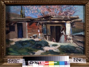 Krim, mandelträd i blom. (Krim, blommande mandelträd). Ung kvinna framför ett litet trähus, under rosa mandelträd. Målning av Konstantin Alexeyevich Korovin (Constantin Korovin) (1861-1939), olja på duk av Konstantin Alekseevich Korovin