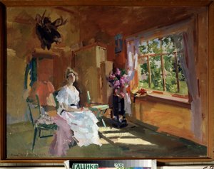 I rummet. Ung kvinna i en ljus klänning, sittande framför fönstret, genom vilket vi kan se trädgården, högsommar. Målning av Konstantin Alexeyevich Korovin (1861-1939), olja på duk av Konstantin Alekseevich Korovin