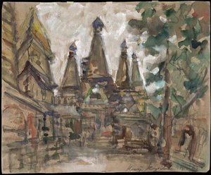 Förberedelseuppsättning för operan Tsarens brud, av Nicolai Rimsky-Korsakov - Scenografi för operan Tsarens brud av N. Rimsky-Korsakov av Korovin, Konstantin Alexeyevich (1861-1939). Temperation på kartong av Konstantin Alekseevich Korovin