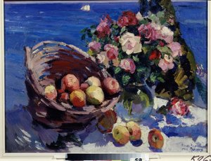 Gurzuf, Ukraina (Gurzuf). Stilleben av blommor och frukter nära havet Målning av Konstantin Alexeyevich Korovin (Constantin Korovin) (1861-1939), olja på duk av Konstantin Alekseevich Korovin