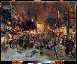 Grand Boulevard i Paris (Boulevard i Paris). Utsikt över den livliga gatan på kvällen. Du kan se Morris-kolumner till höger. Målning av Konstantin Alexeyevich Korovin (Constantin Korovin) (1861-1939), olja på duk av Konstantin Alekseevich Korovin