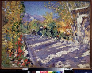 Vägen till Gourzuf (Krim, Ryssland). (Vägen till Gurzuf). Skuggig väg mitt i sommaren som leder till berget nära stranden Målning av Konstantin Alexeyevich Korovin (Constantin Korovin) (1861-1939), olja på duk av Konstantin Alekseevich Korovin