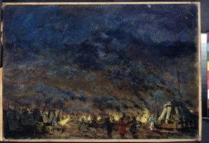The Polovtsian Camp, Scenografi för Operan Prince Igor av Alexander Borodin - (The Polovtsian Camp - Scenografi för Operan Prince Igor av Alexander Borodin) - Under en stjärnklar himmel ramar lägrets tält in lampornas ljus, i av Konstantin Alekseevich Korovin