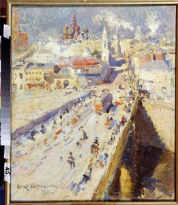 Gamla Moskva (Gamla Moskva). Utsikt över bron som leder till staden, med fasaderna på byggnaderna och kyrkornas tak, under en bländande sol. Målning av Konstantin Alexeyevich Korovin (Constantin Korovin) (1861-1939), olja på duk