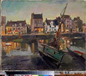 Marseille (Frankrike) (Marseille). En båt på stranden av den gamla hamnen i Marseille, framför fasaderna upplysta av kvällsljus. Målning av Konstantin Alexeyevich Korovin (Constantin Korovin) (1861-1939), olja på duk av Konstantin Alekseevich Korovin