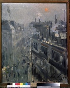 Paris (Frankrike) (Paris). Utsikt över fasaderna på boulevarden Montmartre, en höstmorgon. Målning av Konstantin Alexeyevich Korovin (Constantin Korovin) (1861-1939), olja på duk