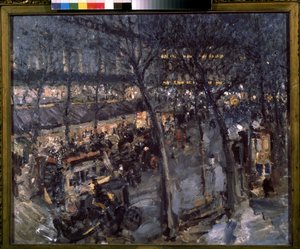 Paris, Cafe de la paix i 9:e arrondissementet. (Paris, Cafe de la Paix). Utsikt över en parisisk kaféterrass, kvällsunderhållning. Målning av Konstantin Alexeyevich Korovin (Constantin Korovin) (1861-1939), olja på duk av Konstantin Alekseevich Korovin
