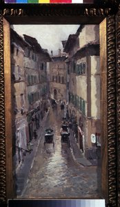 Regn i Florens (Regn i Florens). Beskrivning av en gata i den medeltida stadskärnan i staden Toscana (Italien). Målning av Konstantin Alexeyevich Korovin (Constantin Korovin) (1861-1939), olja på duk av Konstantin Alekseevich Korovin