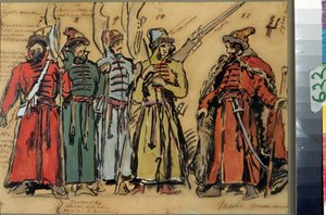 Kostymdesign för operan Khovanshchina eller Khovansky-prinsarna av Modeste Mussorgsky (1839-1881) (Dräktdesign för operan Khovanshchina av M.Musorgsky). Verk av Konstantin Alexeyevich Korovin (Constantin Korovin) (1861-1939), akvarell, gå av Konstantin Alekseevich Korovin