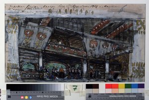 Scenografi för baletten Le Poisson Dore av Ludwig (Leon) Minkus (1826-1917) (Scenografi för baletten The Golden Fish av L.Minkus). Verk av Konstantin Alexeyevich Korovin (Constantin Korovin) (1861-1939), tempera, guld och silverbläck på kartong av Konstantin Alekseevich Korovin