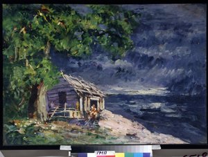 Designprojekt för baletten Le Poisson Dore av Ludwig (Leon) Minkus (Scenografi för baletten Den gyllene fisken av Ludwig Minkus) - En träkoja vid havet - Verk av Konstantin Alexeyevich Korovin (Constantin Korovine) (1861) -1939) , tempel av Konstantin Alekseevich Korovin