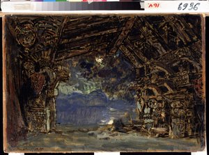 Scenografi för operan Twilight of the Gods av Richard Wagner. (Scenografi för operan The Twilight of the Gods av R. Wagner). Verk av Konstantin Alexeyevich Korovin (Constantin Korovin) (1861-1939), tempera på kartong av Konstantin Alekseevich Korovin
