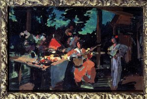 Terrass, kväll på landet. (Terrass. Kväll på landet). Dukat med mat, en kvinna spelar gitarr och två andra karaktärer omger henne. Konstverk av Konstantin Alexeyevich Korovin (Constantin Korovin) (1 av Konstantin Alekseevich Korovin