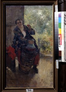 En hyresvärdinna eller kvinna med ett glas vin (A Landlady, Woman with a Glass of Wine). En starkt sittande kvinna höjer sitt glas för att skåla och håller i en enorm flaska vin. Målning av Konstantin Alexeyevich Korovin (Constantin Korovin) (1861-1939), av Konstantin Alekseevich Korovin