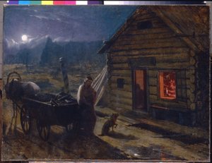 Framför en krog (Nattscen, en kvinna med sin bebis och en hund väntar bredvid en häst och vagn, framför den öppna dörren till en träbyggnad, där berusade män är samlade) - Innan en krog - Målning av Konstantin Alexander
