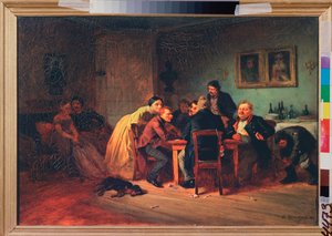 Kortspel - Sen kväll i en borgerlig interiör - Målning av Konstantin Alexandrovich Trutovsky (Troutovsky) (1826-1893), olja på duk