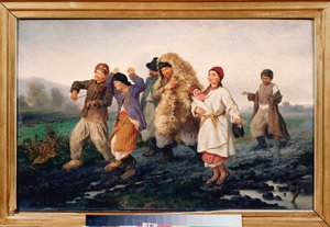 The Return From The Fair (En berusad, fattig bondfamilj går längs en lerig väg, sjunger och dansar) - The Return From The Fair - Målning av Konstantin Alexandrovich Trutovsky (Troutovsky) (1826-1893), olja på duk
