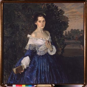 En kvinna i blått (Porträtt av Yelisaveta Martynova). Målning av Konstantin (Constantin) Andreyevich Somov (1869-1939), olja på duk