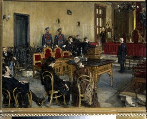 I väntan på en dom. Målning av Konstantin Apollonovich Savitsky (1844-1905), olja på duk