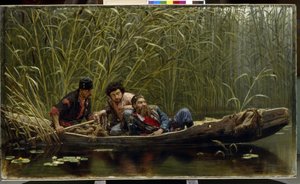 The Seedy Men. Beskrivning av tre smugglare, kriminella diskret på utkik i en båt kamouflerad bland vassen. Målning av Konstantin Apollonovich Savitsky (1844-1905), olja på duk