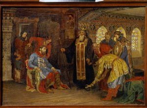 Prins Dmitrij Pozharskys (1577-1642) inbjudan att befalla arméerna för Moskvas befrielse. (Inbjudan från prinsen Pozharsky att regera över arméer för Moskvas befrielse). Efter att ha mottagit Irenarchus av Rostovs välsignelse, Prince