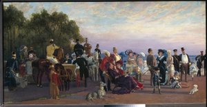 På spetsen av Vassilievsky Island, Strelka (Sankt Petersburg) (On the Split Of The Island, Strelka). Möte av aristokrater en sommarkväll. Målning av Konstantin Apollonovich Savitsky (1844-1905), olja på duk, cirka 1870. Rysk konst från 1800-talet, realis