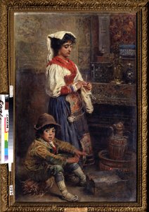 Modellerna som väntar på konstnären. Målning av Konstantin Yegorovich Makovsky (Constantin Makovsky) (1839-1915), olja på duk av Konstantin Egorovich Makovsky