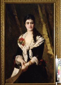 Porträtt av sångaren A. Panaeva Kartseva, för rollen som Tatyana i operan Eugene Oneguine av Piotr Tchaikovsky. (Porträtt av sångaren A. Panaeva Kartseva som Tatyana i operan Eugene Onegin av P. Tchaikovsky). Målning av Konstantin Yegorovic av Konstantin Egorovich Makovsky