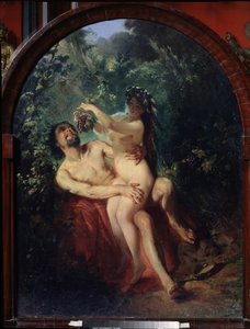 Satyr och nymf. (Satyr och nymf). Naket och berusat par, nymfen på satyrens knän matar honom med en klase druvor, plockade från vinstockarna som omger dem. Målning av Konstantin Yegorovich Makovsky (Constantin Makovsky) (1839-1915), olja
