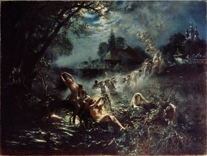 Sjöjungfrur (Sjöjungfrur). På natten väver nakna kvinnor kransar i en flod och bildar sedan en kedja genom att hålla i varandra och stiga upp i himlen innan de smälter in i molnen. Målning Konstantin Yegorovich Makovsky (Constantin Makov