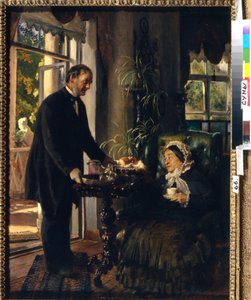 En herrgård chatelaine. (En gammal dam tar te, serverat av en tjänare som skänker bröd och sylt till henne). Målning av Konstantin Yegorovich Makovsky (Constantin Makovsky) (1839-1915), olja på duk av Konstantin Egorovich Makovsky