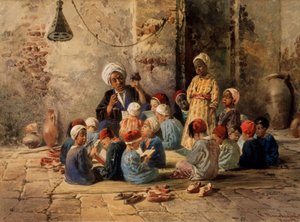 En skola i Kairo (Egypten). (En skola i Kairo). En lärare frågar pojkar i ett klassrum som är organiserat på en matta på golvet. En pojke står bland de andra, sitter och läser deras lärobok, mattan är omgiven av skor av Konstantin Egorovich Makovsky