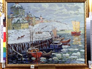 Banvall i en gammal rysk stad. Beskrivning av kajerna där båtar ligger förtöjda på en flod täckt av snöblock, i bakgrunden en stad och en segelbåt som går. Målning av Konstantin (Co av Konstantin Ivanovich Gorbatov