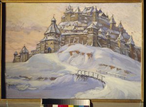 Gammal rysk fästning. (Träbefäst stad, under snön i Ukraina på medeltiden). Verk av Konstantin (Constantin) Ivanovich Gorbatov (1876-1945), tempera på trä, tidigt 1900-tal. Privat samling.