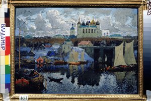 Bron vid Novgorod (Ryssland) (Novgorod, Pier). Målning av Konstantin (Constantin) Ivanovich Gorbatov (1876-1945), olja på duk