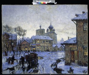 ""The Thaw"" Ryskt bylandskap i slutet av vintern. Målning av Konstantin (Constantin) Gorbatov (1876-1945) 1910 M. Kroshitsky konstmuseum, Sevastopol