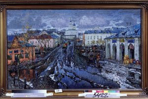 Gata i en provinsstad. Stadslandskap, beskrivning av gatan som leder till kyrkan, under den tidiga våren är grusgatan, med butiker, överbelastad av smältande snö som bildar pölar och leriga pooler av Konstantin Ivanovich Gorbatov