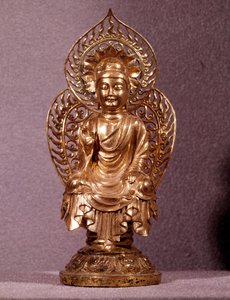 Coreen Art: Buddhastatyett i guld. Sillaperiod, 800-1000-tal. Koreas nationalmuseum av Korean School
