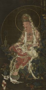 Hängande rulla som föreställer en pilgrenad Bodhisattva Avalokiteshvara (Kwanseûm Posal) sittande i en Paradise Garden, Koryô-dynastin (bläck, färg och guld på siden)