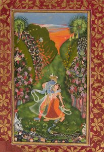 Radha och Krishna går i en blommande lund recto, Krishna Fluting verso, c1720 r, c1750-75 v av Kota Master