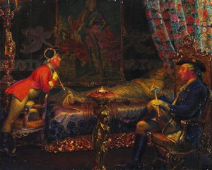 Struensee och Caroline Mathilde vid drottning Sofie Magdalenas döda kropp, 1910.