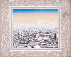 Flygfoto över London inramad i en dekorativ bård, c1845