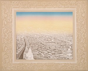 Flygfoto över London inramad i en dekorativ bård, c1845