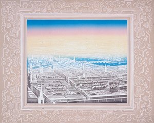 Flygfoto över London inramad i en dekorativ bård, c1845.