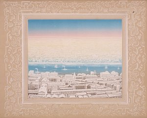 Flygfoto över London med dekorativ kant, c1845