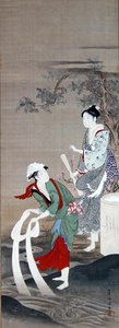 Två skönheter vid Crystal River i Mishima (bläck, gofun och färg på siden) av Kubo Shumman