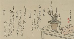 Bonsai plommonträd på bänk och låda, 1796. av Kubo Shunman