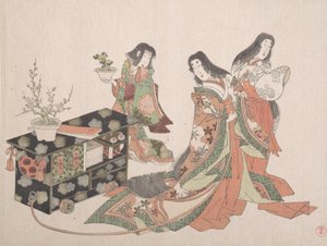 Hovdamer som drar ett skåp längs golvet, 1800-talet. av Kubo Shunman